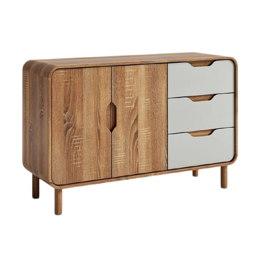**Technische titel in het Nederlands: Modern houtkleurig dressoir met lades en deuren**