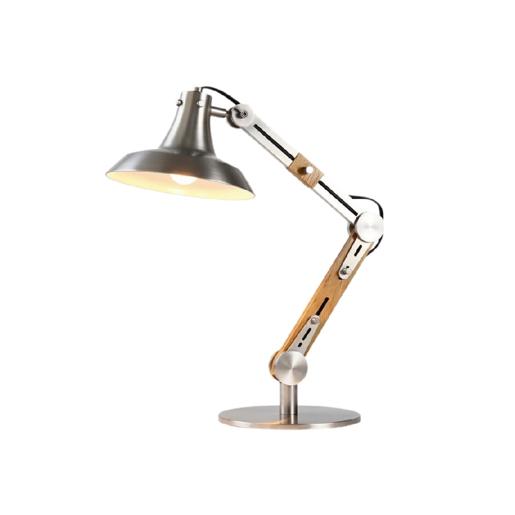 **Technische titel in het Nederlands: Modern verstelbaar bureau lamp met houten en metalen details**