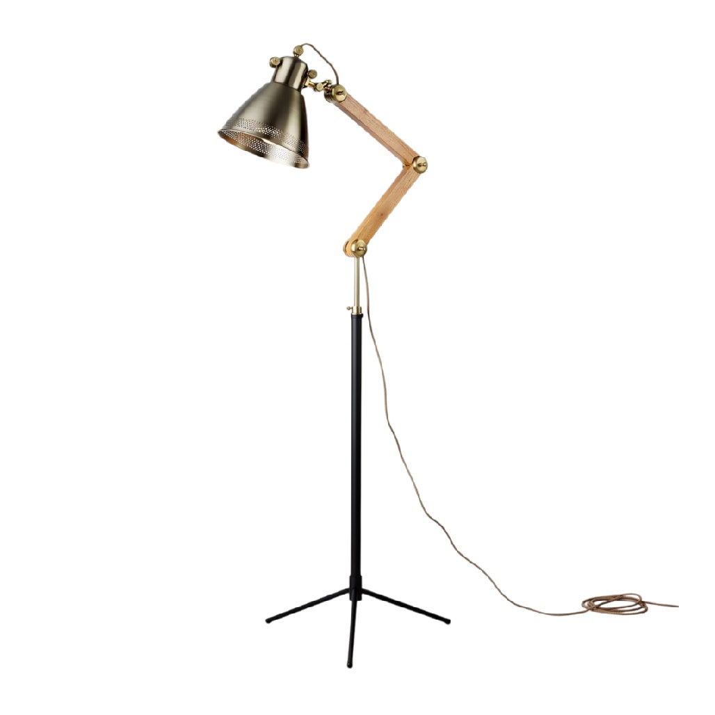 **Verstelbare Vloerlamp met Houten Armaturen en Metalen Kap**